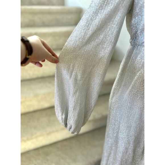 Vintage 1970s Metallic Silver Baby Doll Blouson Sleeve Maxi Hostess Dress - Picture 4 of 5